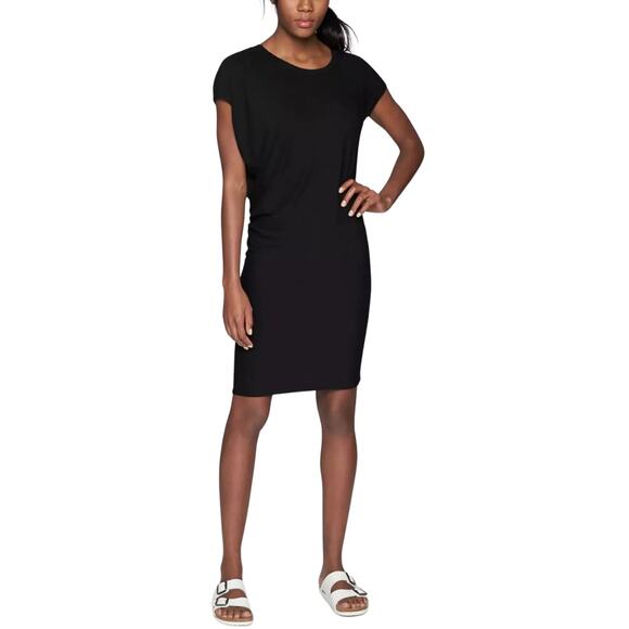 Athleta Dresses & Skirts - Athleta Dress Womens Small Black Draped Crew Neck Mini Jersey Knit Modal Stretch